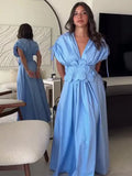 Women's Clothing Explosion Blue V-Neck Belt Three-Dimensional Flower Bow Holiday
