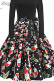 Women Christmas Long Sleeve Print Elegant Vintage Knee-length Party Dress Robe Autumn Winter Casual Xmas