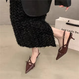 Women 2025 Spring And Summer New Retro Pointed Finger-Point Fine Heel Belt Buckle Single Shoes With Skirt