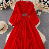 Retro High-End Feel V-Neck Lantern Sleeve Nail Diamond Dress Women's Waist Thin Temperament Elegant Swing Long
