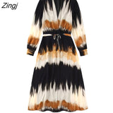 Women Vintage Patchwork Tie Dye Printing Casual Slim Midi Dress Female Chic V Neck Elastic Waist Lace Up Vestidos