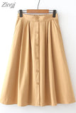 Women Summer Cotton Skirt Girls Elegant Solid Elastic Waist Spring Casual Single-Breasted Office Ladies A-Line Midi Skirt