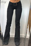 Harajuku Y2K Black Belt Skinny Flare Pants Female Casual Chic Elegant Low Waist Trousers 90s Aesthetic Capris