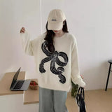 Zingj And Winter Imitation Mink Casual Loose Round Collar Sweater Jacket Women's Lazy Wind Printed Bow Soft Waxy Comfortable Sweater-Outfit