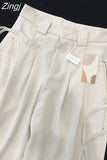 Style Casual White Women's Bandage Trousers Women High Waist Pockets Female Pleated Wide Leg Pants 2023 Autumn