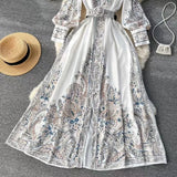 And Autumn New Holiday Wind Collar Lantern Sleeve Print Together With A Female Waist Swing A Word Over The Knee Long