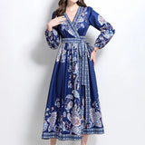 Court Retro Cross V Tie With Belt Lantern Sleeve Print Big Pendted Dress Woman 2025