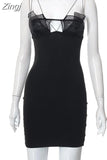 Mesh Patchwork Push Up Women Dress Elegant Party Wear 2023 Sleeveless Strap Black Solid Color Short Mini Pencil