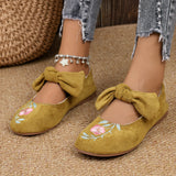 Embroidered Bow Flat Bottom Mary Jane Single Shoes Women's National Style Set Lightweight Work