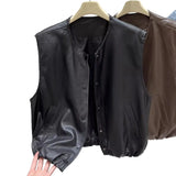 Collar Solid Color Sleeveless Leather Vest Coat Women's Autumn 2025 New Korean Fashion Stacked On The Kan