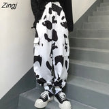 Cow Print Harem Pants Women Spring Casual High Waist Straight Pants Streetwear 90s Y2k Joggers Loose Wide Leg