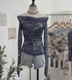 Real Shot Shoulder Tie-Dye Printing Mesh Hooded Design Long-Sleeved Irregular Folding Repair T-Shirt