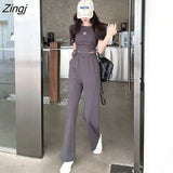 Women Crop T-shirts Short Sleeve Letter Wide Leg Pants Fashion Chic Ulzzang Summer Thin Streetwear Harajuku Girls