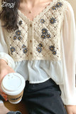 Women O-Neck Hollow Out Print Simple All-match Casual Fashion College Korean Style Ulzzang New Tops Hot Selling