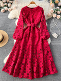 Autumn Women Hook Flower Hollow Party Long Dress Vintage Round Neck Puff Sleeve High Waist A-Line Maxi Vestidos New