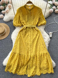 Women Lace Party Long Dress Vintage O-Neck Puff Short Sleeve High Waist Single Breasted A-Line Elegant Vestidos