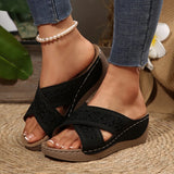 Thick Bottom Hollow Cross-Slippers Female Slope And Embroidered Beach Fish Mouth Side Empty Toe Cool