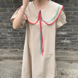 Pan Collar Summer Dress women Solid Beige Black ladies Casual Long Dress Girls Cute Holiday Woman Dress Robe