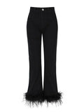 Zingj Luxury Wind Ostrich Hair Splicing Straight Pants 2024 Spring Style High Waist Foreign Style Versatile Show Thin Casual Jeans