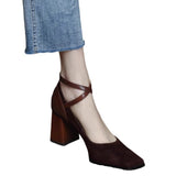 And Autumn New High-Heeled Women's Velvet Face Retro Head Thick Heel Cross-Buckle With Korean Version Of Shallow Mouth Mary Jane Single Shoes