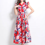 Printing Lotus Leaf Cuff Clenbuter Single Buckle Waist Swing Dress Female Thin Temperament Elegant