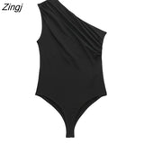 Women Sexy Solid Sleeveless Pleated Design Asymmetrical Slim Bodysuits Ladies One Shoulder Playsuits Mujer Rompers