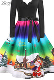 Dress Women Casual Vintage Patchwork Party New Year Santa Print Robe 50S 60S Rockabilly Swing Elegant Winter