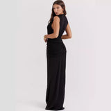 Zingj Girls Wear A New Women's Wear Sexy Deep V Slit Pleated Long Skirt Black Dress