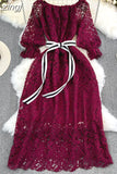 Autumn Vintage Women Hollow Out Lace Party Dress Sexy Slash Neck Off Shoulder Lantern Sleeve High Waist Vestidos 2023
