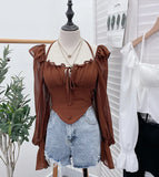 Girls Shoulder-Mounted Neck With Long-Sleeved Chindal Wooden Ear-Deared Shirt Short With Chest Cushion Top