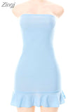 Women Strapless Off Shoulder Short Mini Dress Backless Solid Ruffles Hem Skinny Cocktail Party Dress Female