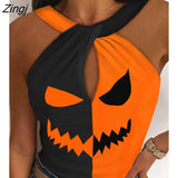 Women Halloween Graphic Print Colorblock Tank Halter Top Summer Streetwear Casual T-Shirts Hollow Out Lounge Womens