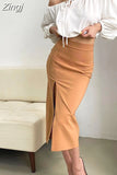 Autumn Midi Skirt with Slit White High-Waist Elegant Women's Pencil Skirt OL Style Straight Bodycon Office Skirt