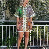 New Women's Collar Single Row Buckle Long-Sleeved Temperamental Print Dress Dress