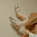 Diamond Sequin Crystal Shoes Small Square Head Mary Jane Head Sandal Women Simple Thick Heel Empty Single Shoes