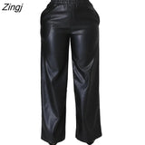 Womens PU Faux Leather Straight Pants High Waist Female Loose Wide Leg Trousers Pocket Fashion Vintage Leisure