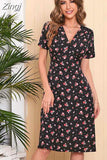 Women Floral Print Midi Dress Summer Chiffon Elegant V-neck Slim A Line Dress Short Sleeve Ladies Holiday Beach