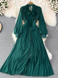 Vintage Women Long Dress Elegant Bow Collar Lantern Sleeve Single Breasted Pleated Maxi Vestidos Female Red/Purple
