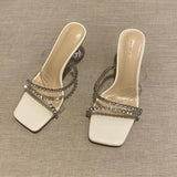 New Square Head Silver Toe French High-Heeled Shoes Beautiful Water Drill Transparent Fine And Cool Slippers Women's Summer