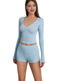 Women's Sexy Low-Chest V-Plate Fastening Long-Sleeved Top Fashion Sports Style + Super Shorts