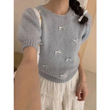 Chic Spring And Summer Little Bow Bow Short-Sleeved Collar Knitted Jersey Girl Spring Sweet Soft Foam Bubble Sleeve