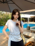 Xixi 13 Line 2025 Summer New Temperament Round Collar Bottom Strap With Short-Sleeved T-Shirt Top