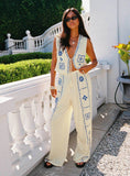 Fashion New Ladies Print Set Of Art Retro Sleeveless Top Broad Leg Pants Two