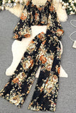 Women Floral Printed Two Piece Set Sexy Square Collar Lantern Sleeve Short Tops + Wide Leg Pants Suit Vacation Beach