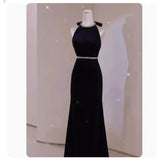 Zingj Style Black Evening Dress High-End Light Luxury Small Toast Bow Fishtail Hanging Neck Velvet
