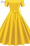 Dot Vintage Dress Women Summer Elegant Short Sleeve Square Collar A-Line Midi Party Sundress 50s 60s Vestidos Plus