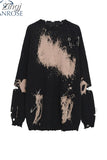 Women Tie Dye Gradient Print Crew Neck Loose Ripped Hole T-shirt Tops 2023 Autumn Korean Pattern Pullover Tee Tops