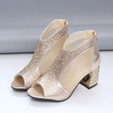 High-Heeled Sandals Women Summer Coarse Fish Mouth New Mesh Canperable Lady Water Drill After Zipper Cool
