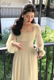 Puff Sleeve Square Neck French Fashion Evening Long Dresses for Women Elegant Summer 2023 Bodycon Dress Beach