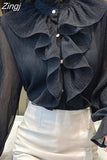 Fashion Chiffon Lace Shirts Stand Collar Korean Ruffles Stitching Button Blouse Woman Long Flare Sleeve Loose Tops
